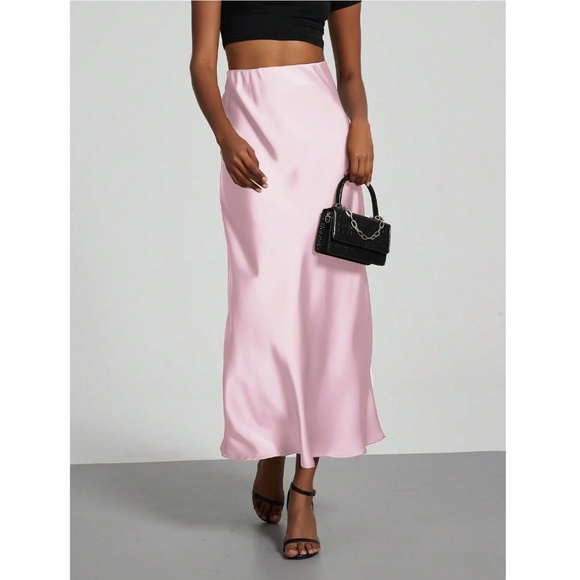Pink Satin A-Line Skirt High Waisted Long - Picture 4 of 10
